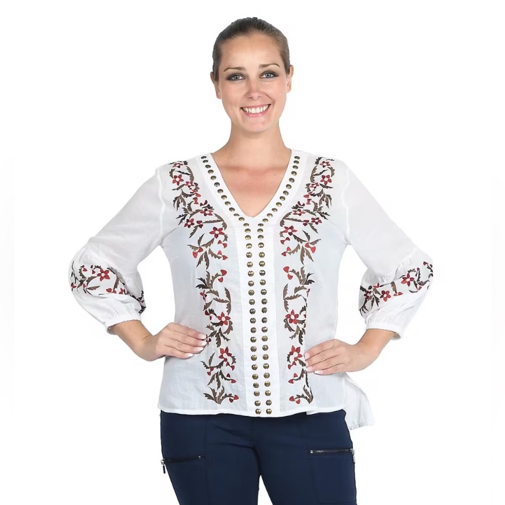 JOVIE White Floral Embroidered Bubble Sleeve Blouse w Stud Embellishments Medium